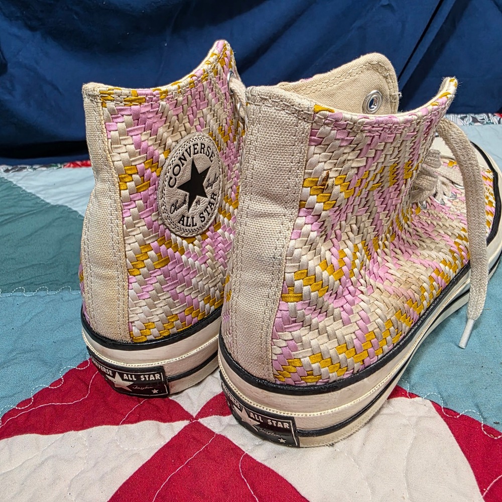 Converse Chuck 70 High Top Sneakers Womens 9 Mens 7 Pink Yellow Woven Chevron - Picture 6 of 10
